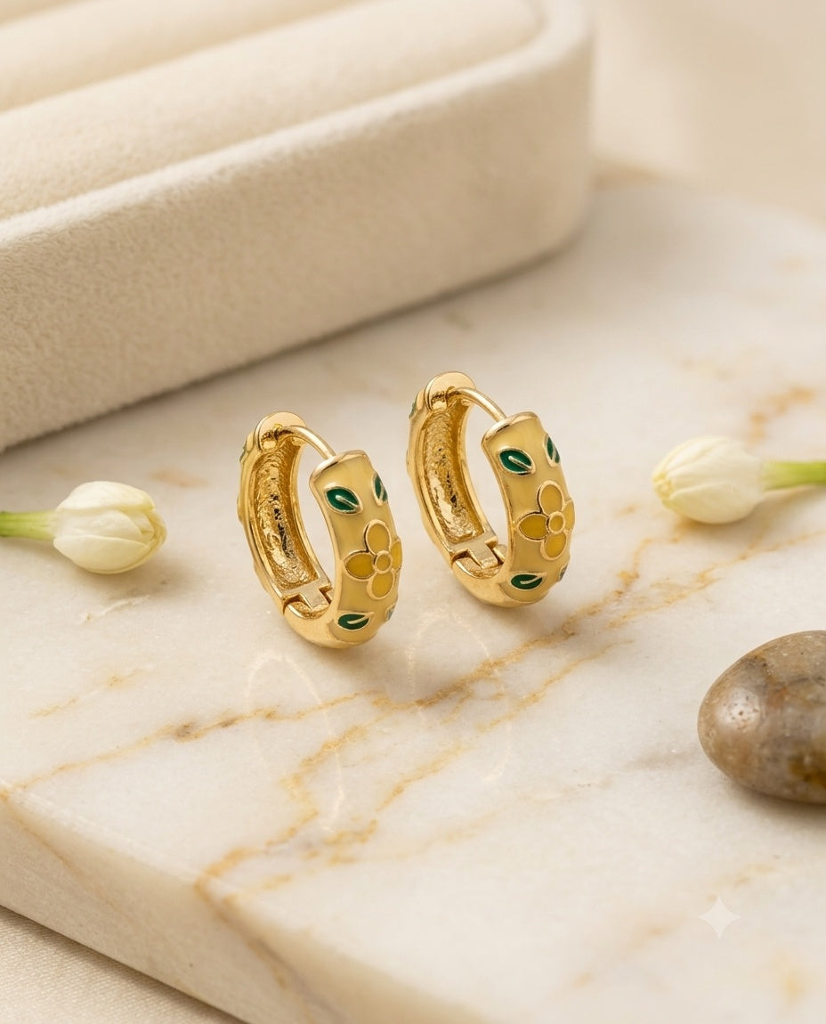 Yellow Floral Enamel Hoop Earrings – Gold-Tone Finish