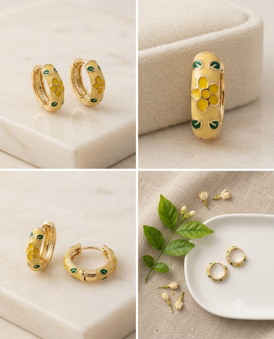 Yellow Floral Enamel Hoop Earrings – Gold-Tone Finish