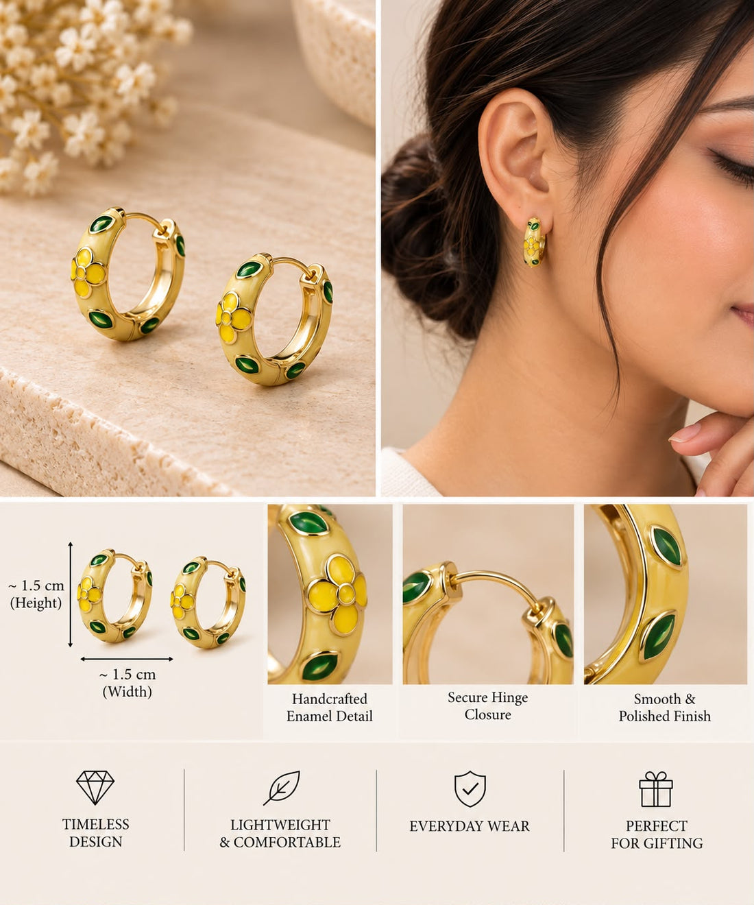 Yellow Floral Enamel Hoop Earrings – Gold-Tone Finish