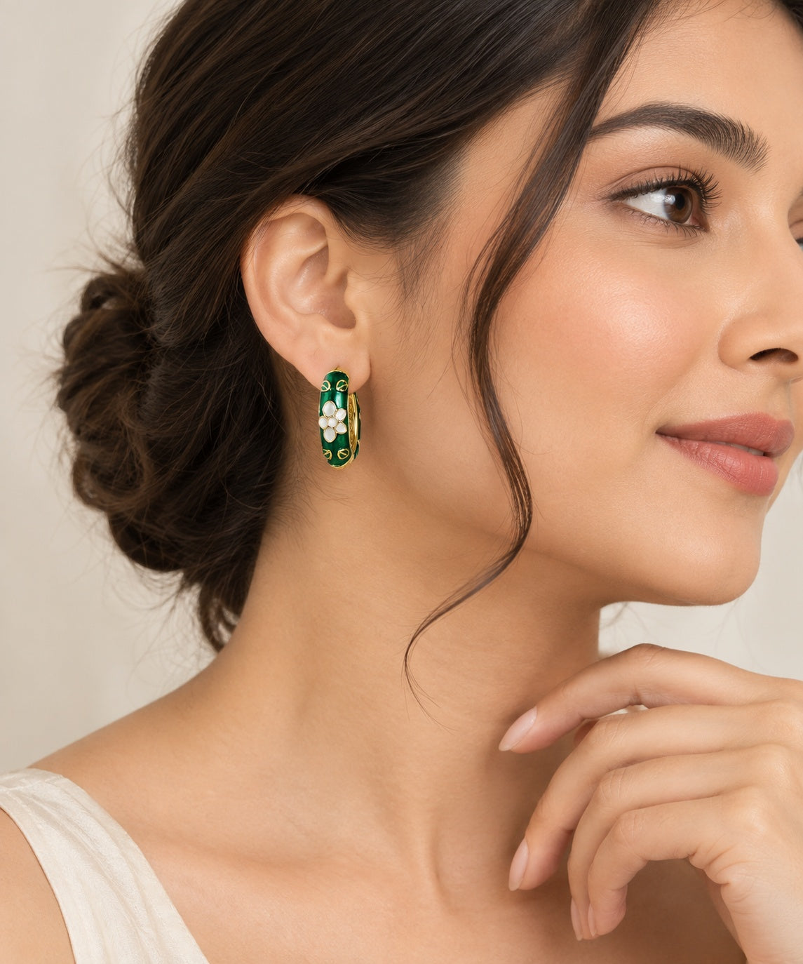 Green Floral Enamel Hoop Earrings – Gold-Tone Finish