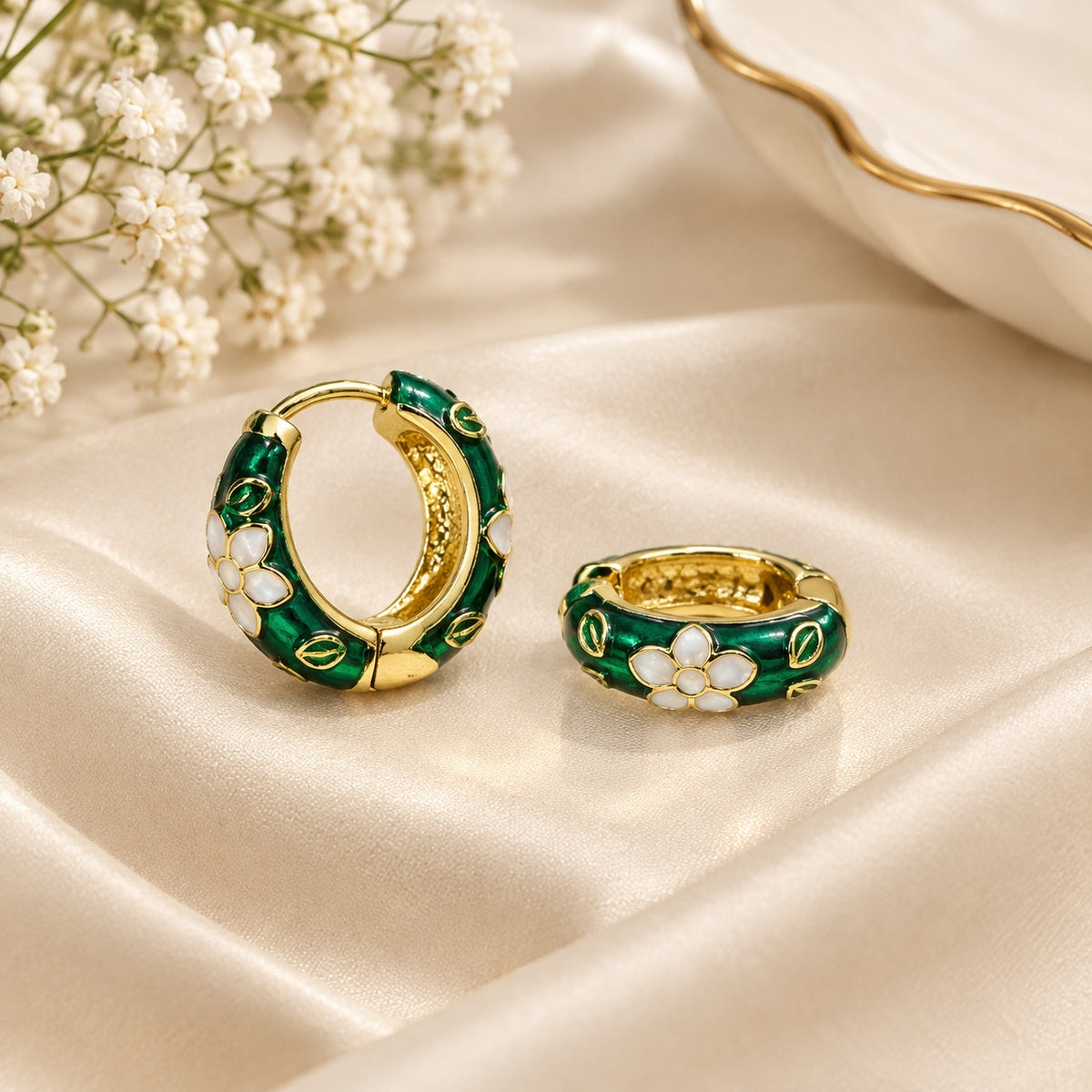 Green Floral Enamel Hoop Earrings – Gold-Tone Finish