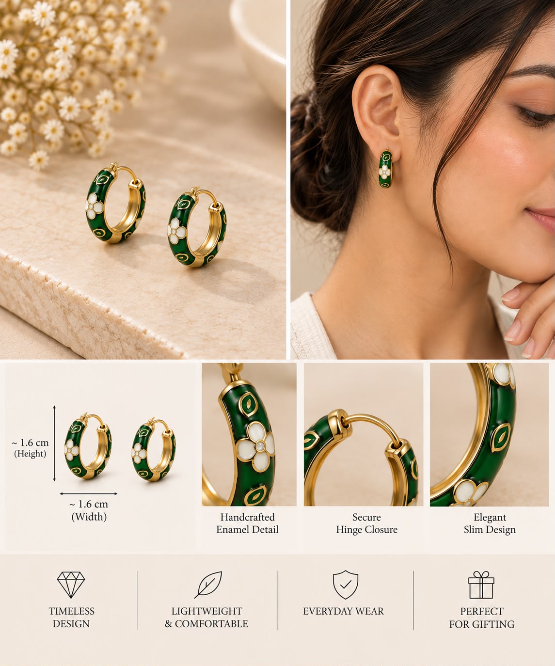 Green Floral Enamel Hoop Earrings – Gold-Tone Finish