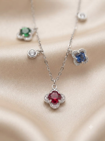 Multicolor Gemstone Clover Station Charm Necklace – Silver-Tone Finish