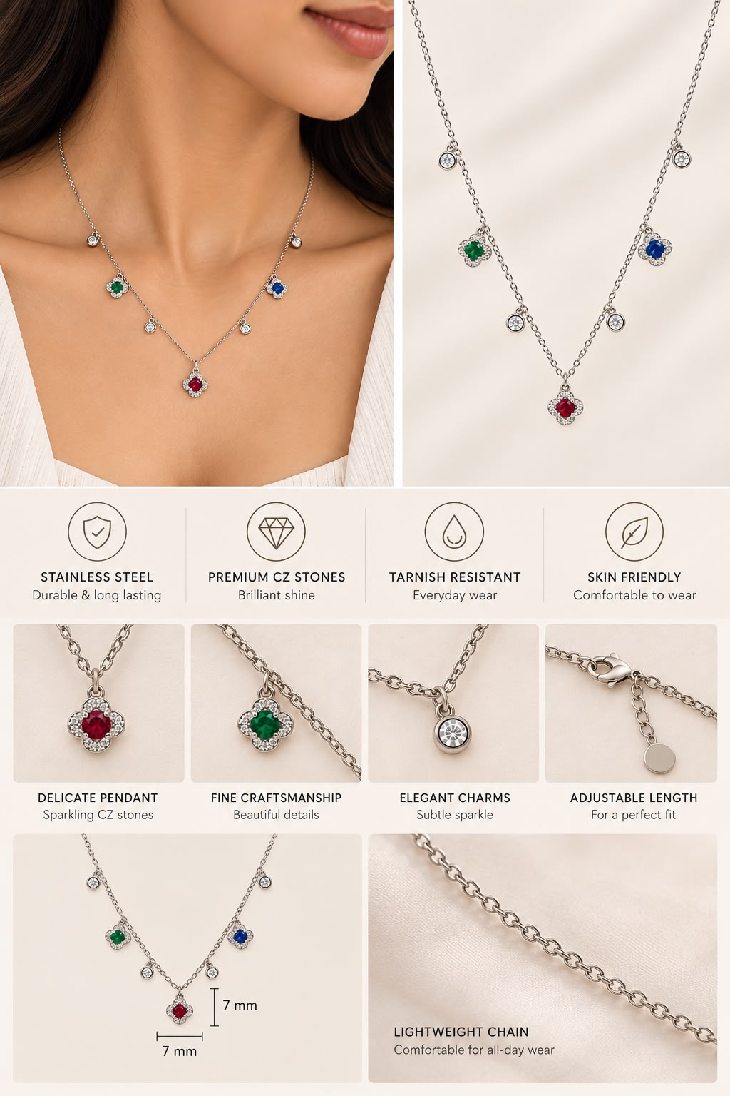 Multicolor Gemstone Clover Station Charm Necklace – Silver-Tone Finish