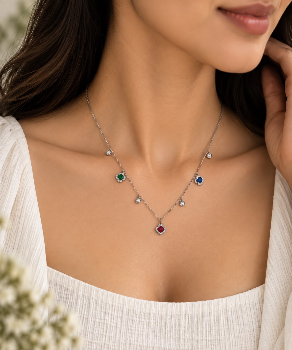 Multicolor Gemstone Clover Station Charm Necklace – Silver-Tone Finish