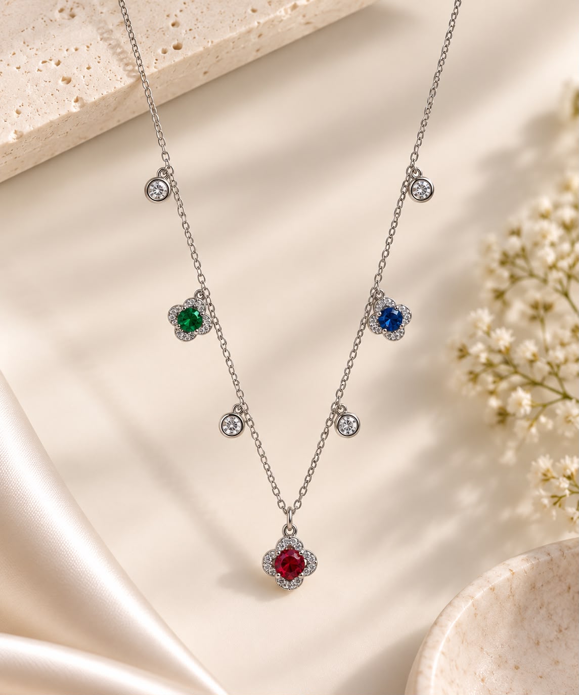 Multicolor Gemstone Clover Station Charm Necklace – Silver-Tone Finish