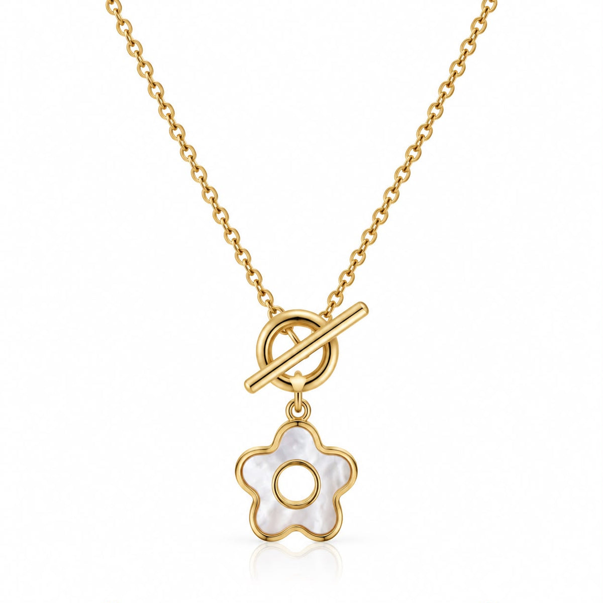 Mother of Pearl Blossom Toggle Clasp Pendant Necklace – Gold-Tone Finish