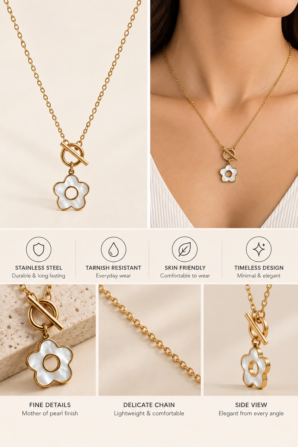 Mother of Pearl Blossom Toggle Clasp Pendant Necklace – Gold-Tone Finish