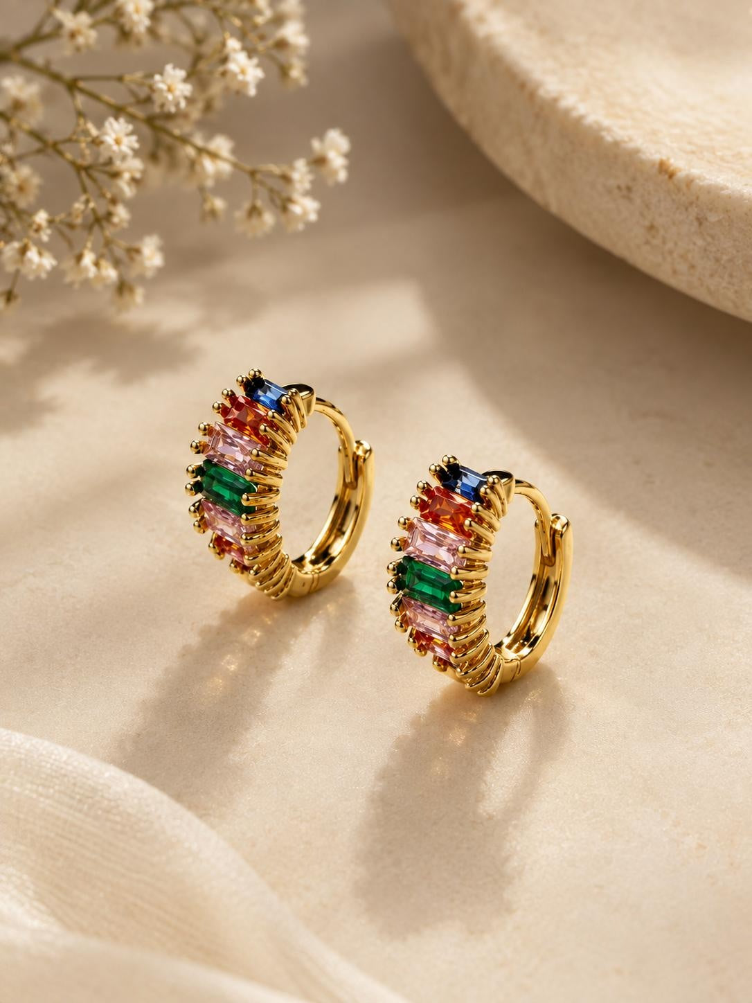 Vibrant Rainbow Baguette Huggie Hoop Earrings