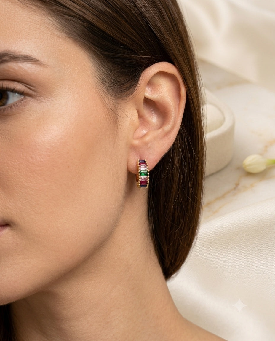 Vibrant Rainbow Baguette Huggie Hoop Earrings