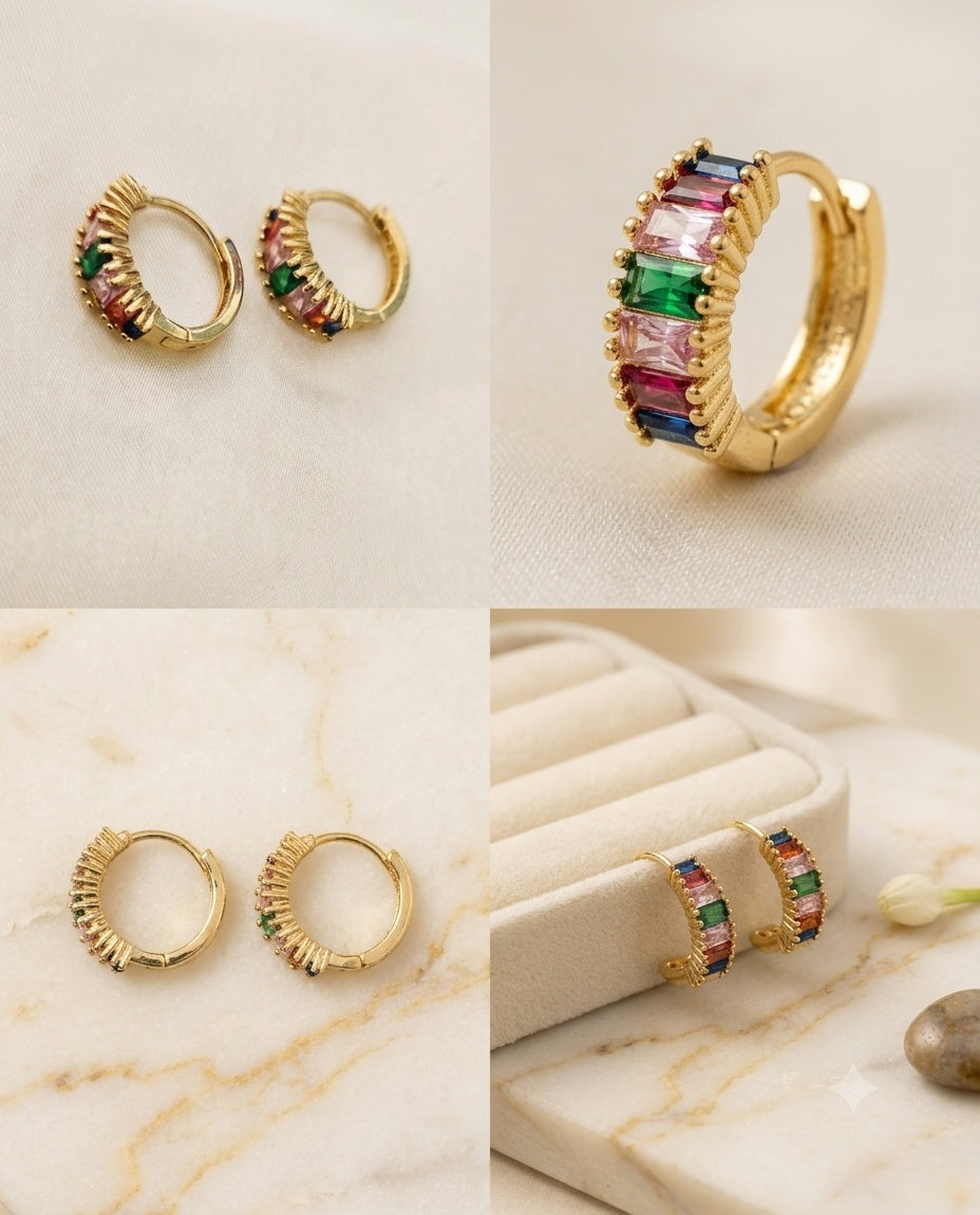 Vibrant Rainbow Baguette Huggie Hoop Earrings