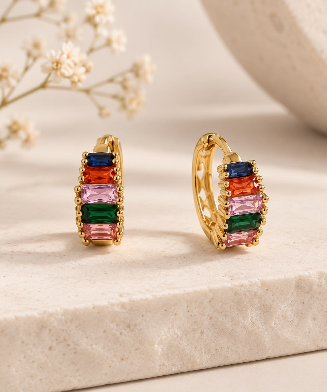Vibrant Rainbow Baguette Huggie Hoop Earrings
