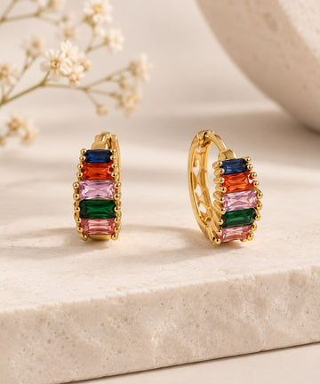 Vibrant Rainbow Baguette Huggie Hoop Earrings
