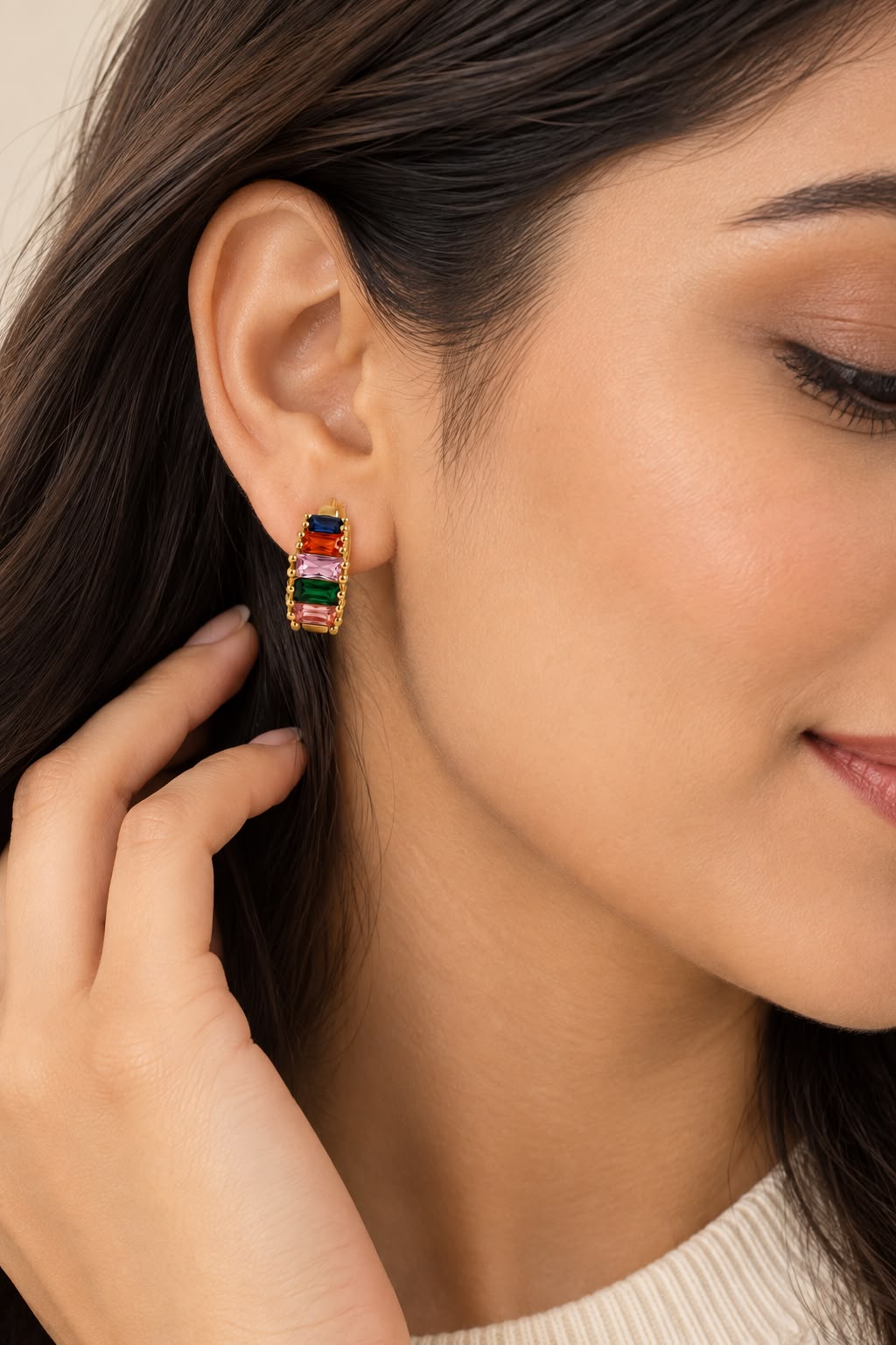 Vibrant Rainbow Baguette Huggie Hoop Earrings