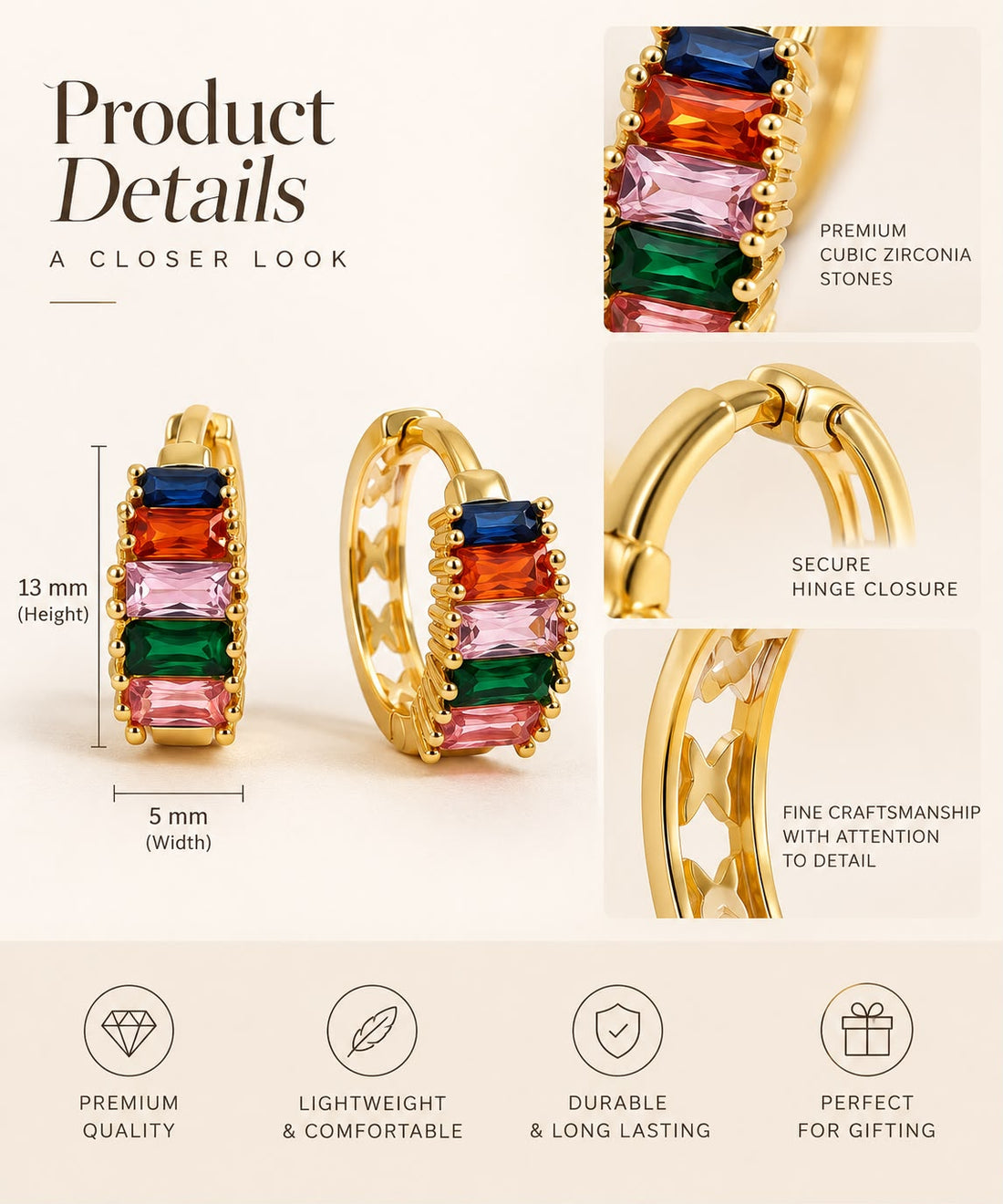 Vibrant Rainbow Baguette Huggie Hoop Earrings