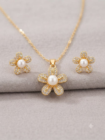 Dainty Crystal & Pearl Necklace with Stud Earrings Set