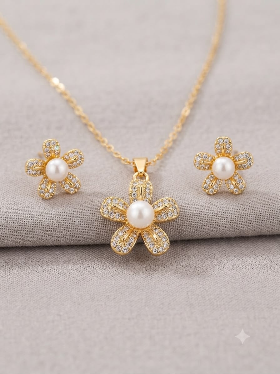 Dainty Crystal & Pearl Necklace with Stud Earrings Set