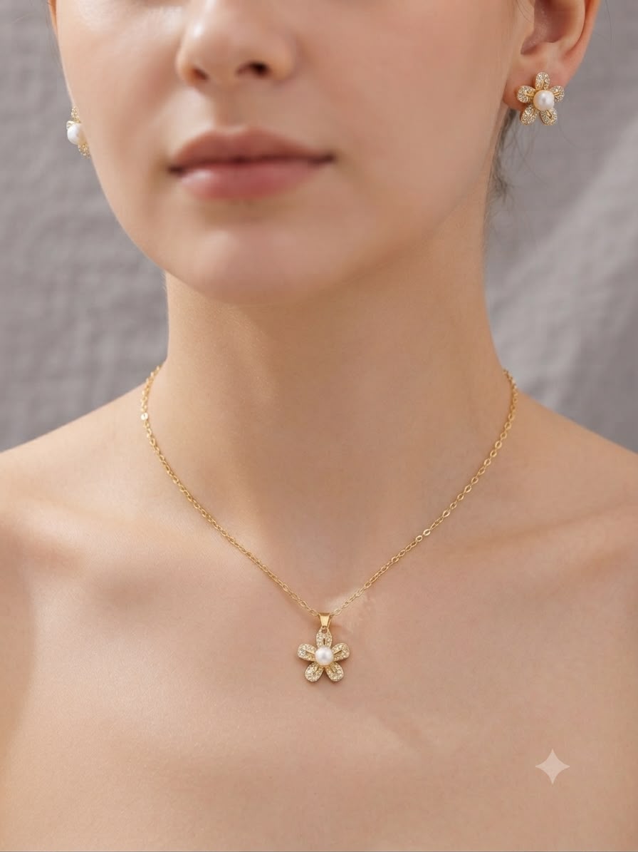 Dainty Crystal & Pearl Necklace with Stud Earrings Set