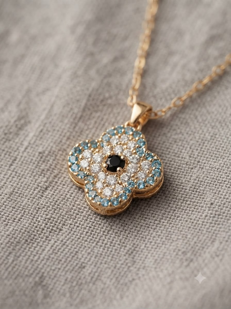 Mystic Clover Evil Eye Pave Crystal Pendant Necklace – Gold-Tone Finish
