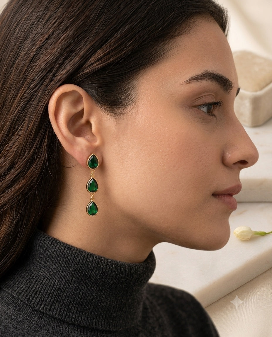 Emerald Cascade Triple Teardrop Dangle Earrings