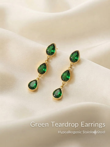 Emerald Cascade Triple Teardrop Dangle Earrings