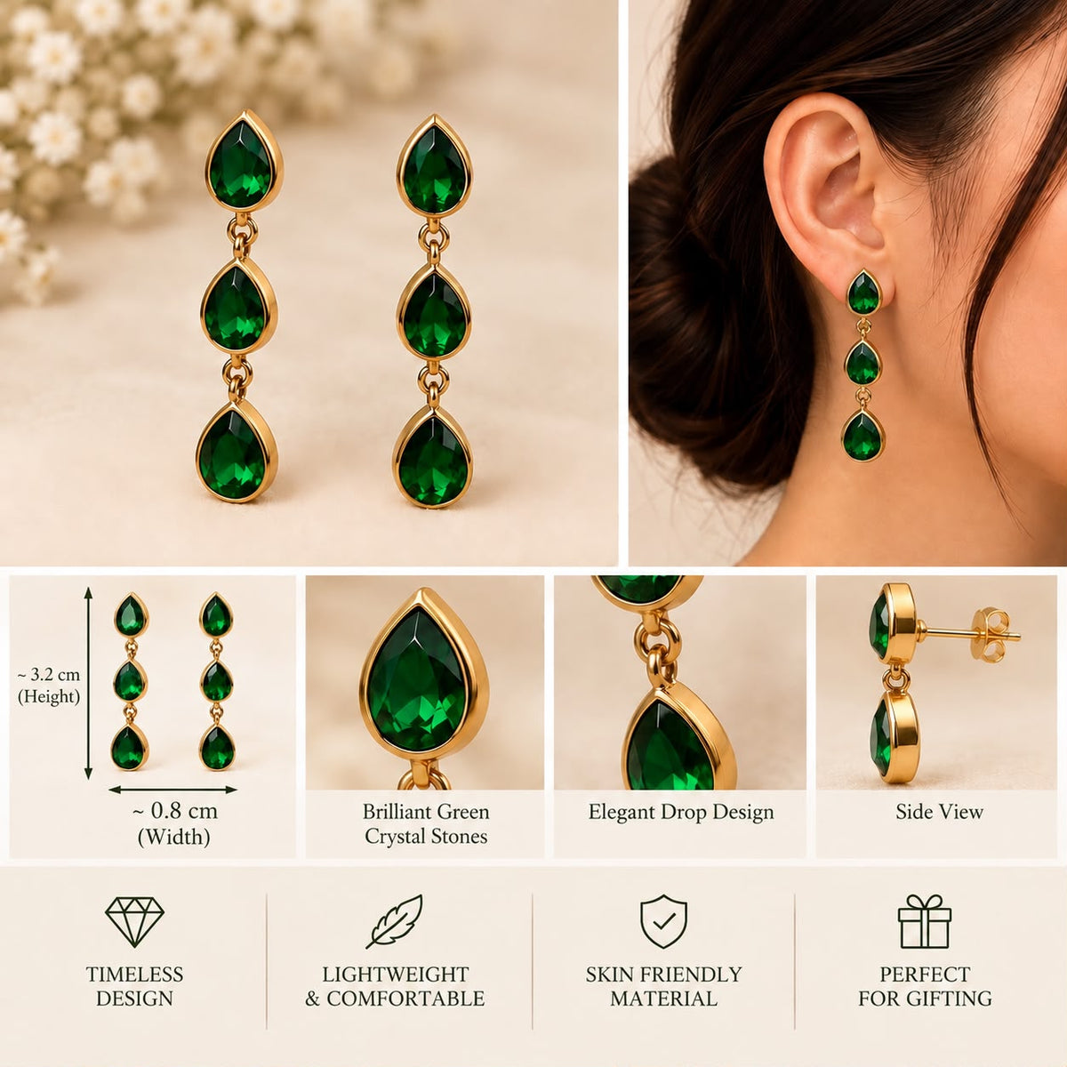 Emerald Cascade Triple Teardrop Dangle Earrings