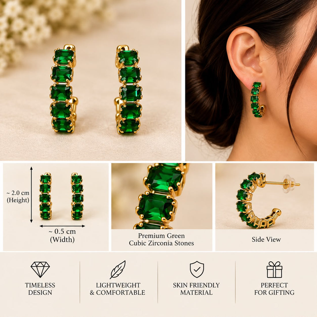 Emerald Cushion-Cut Gold Hoop Earrings
