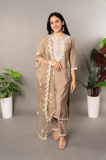 Beige Roman Silk Suit with Organza Dupatta
