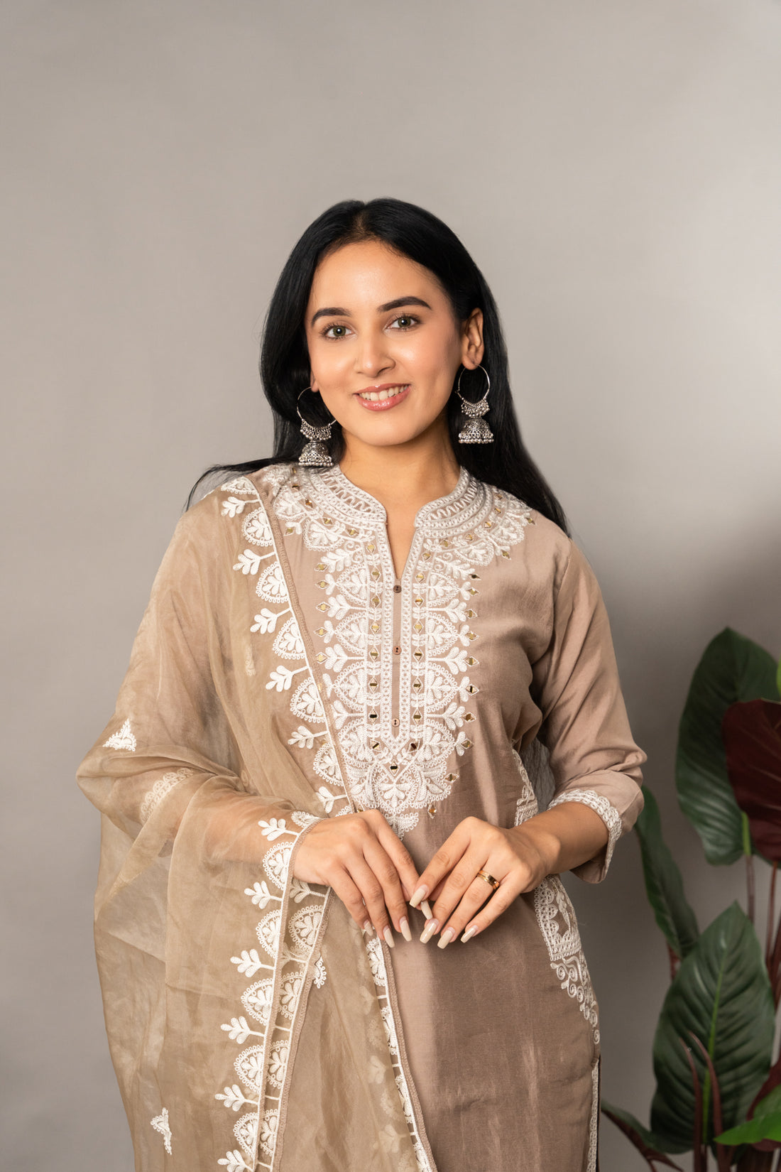 Beige Roman Silk Suit with Organza Dupatta