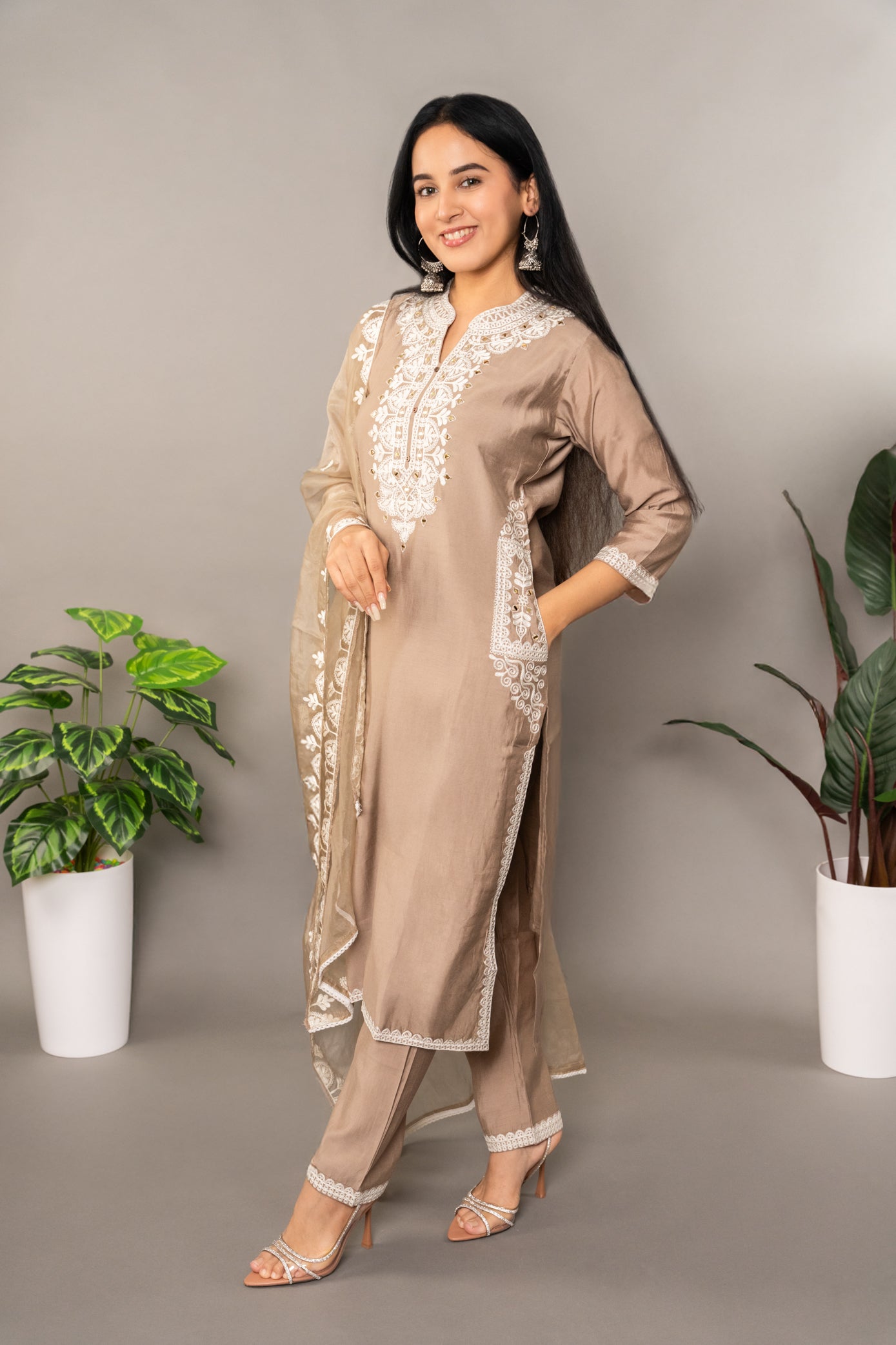 Beige Roman Silk Suit with Organza Dupatta