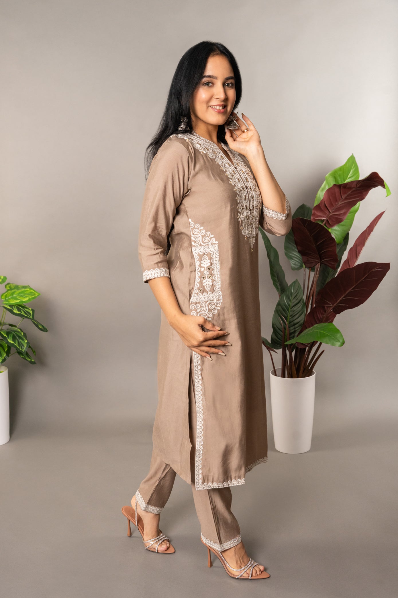 Beige Roman Silk Suit with Organza Dupatta