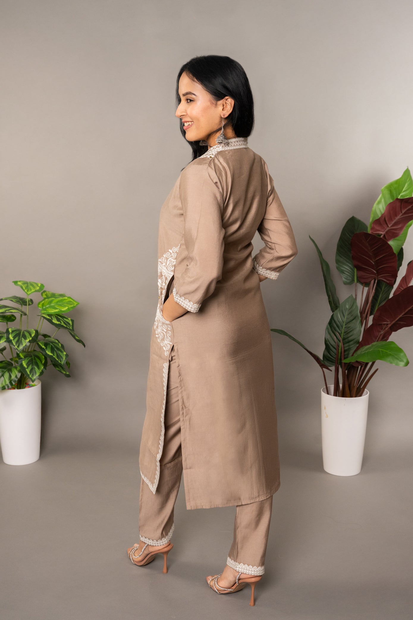 Beige Roman Silk Suit with Organza Dupatta