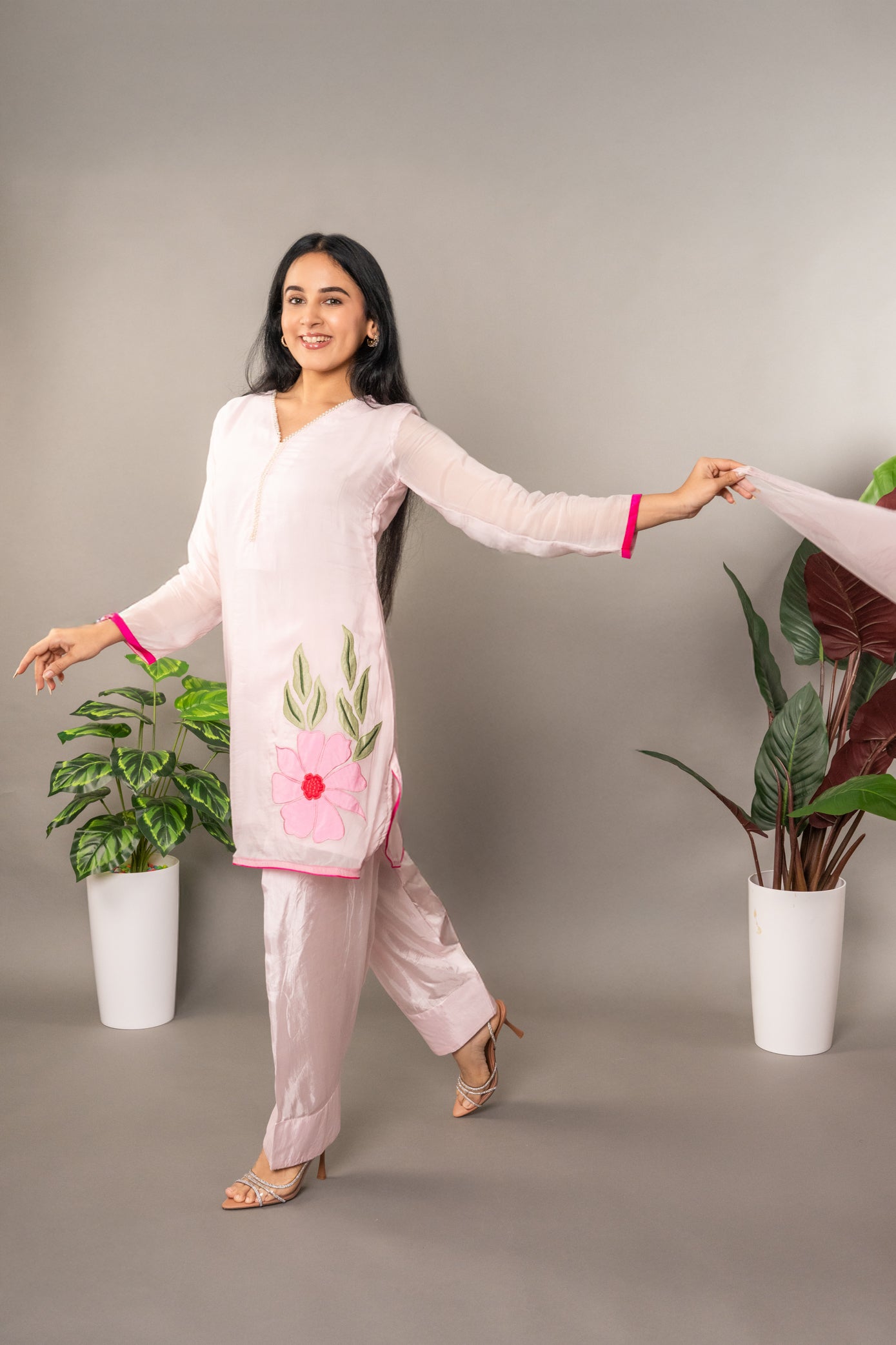 Pink Pure Organza Farshi Salwar with Shaded Dupatta