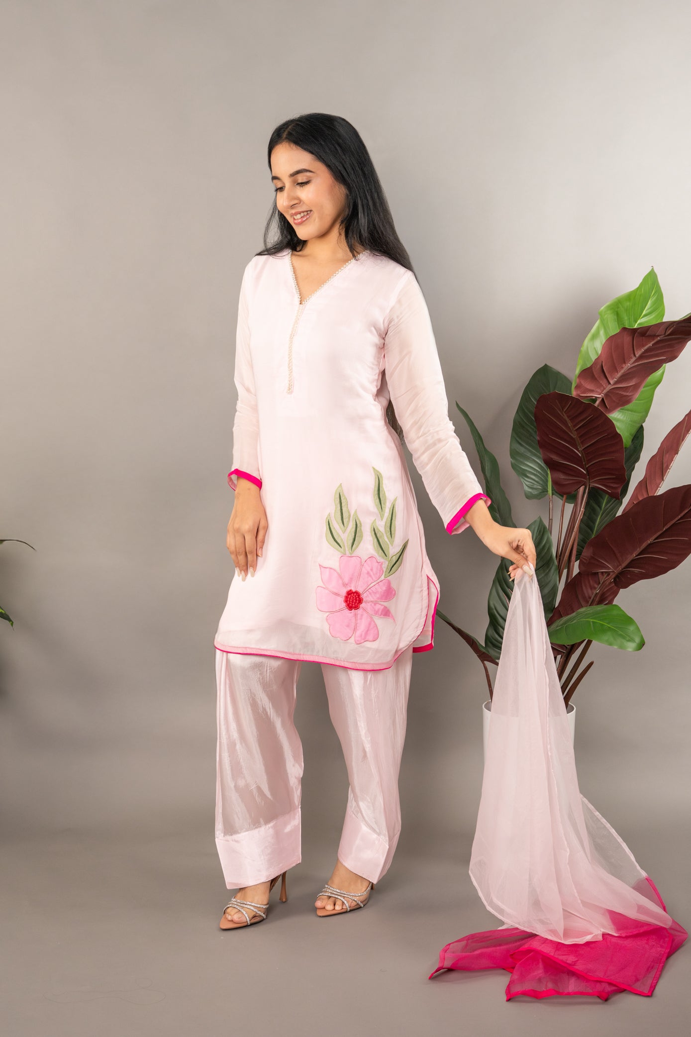 Pink Pure Organza Farshi Salwar with Shaded Dupatta