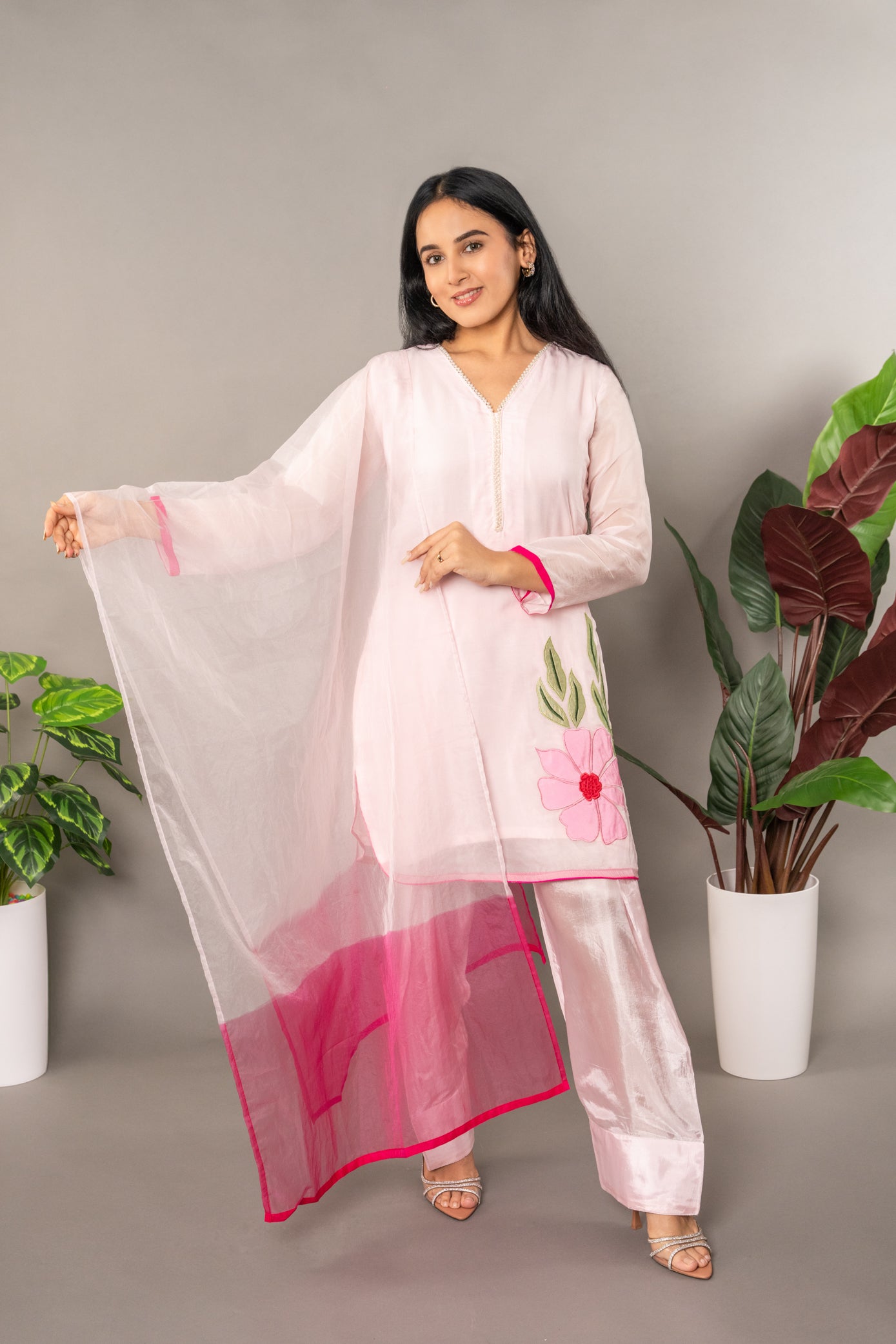 Pink Pure Organza Farshi Salwar with Shaded Dupatta