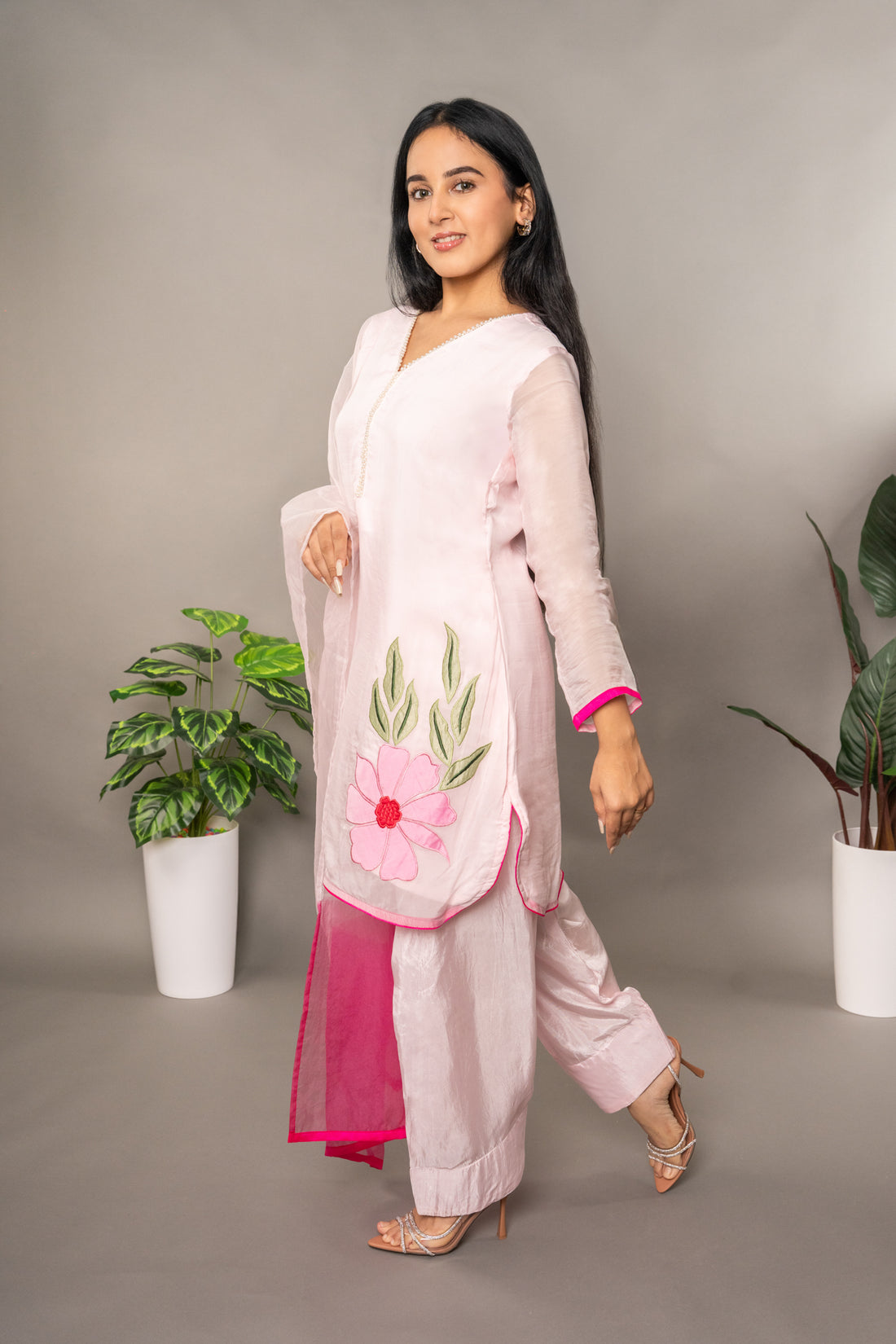 Pink Pure Organza Farshi Salwar with Shaded Dupatta
