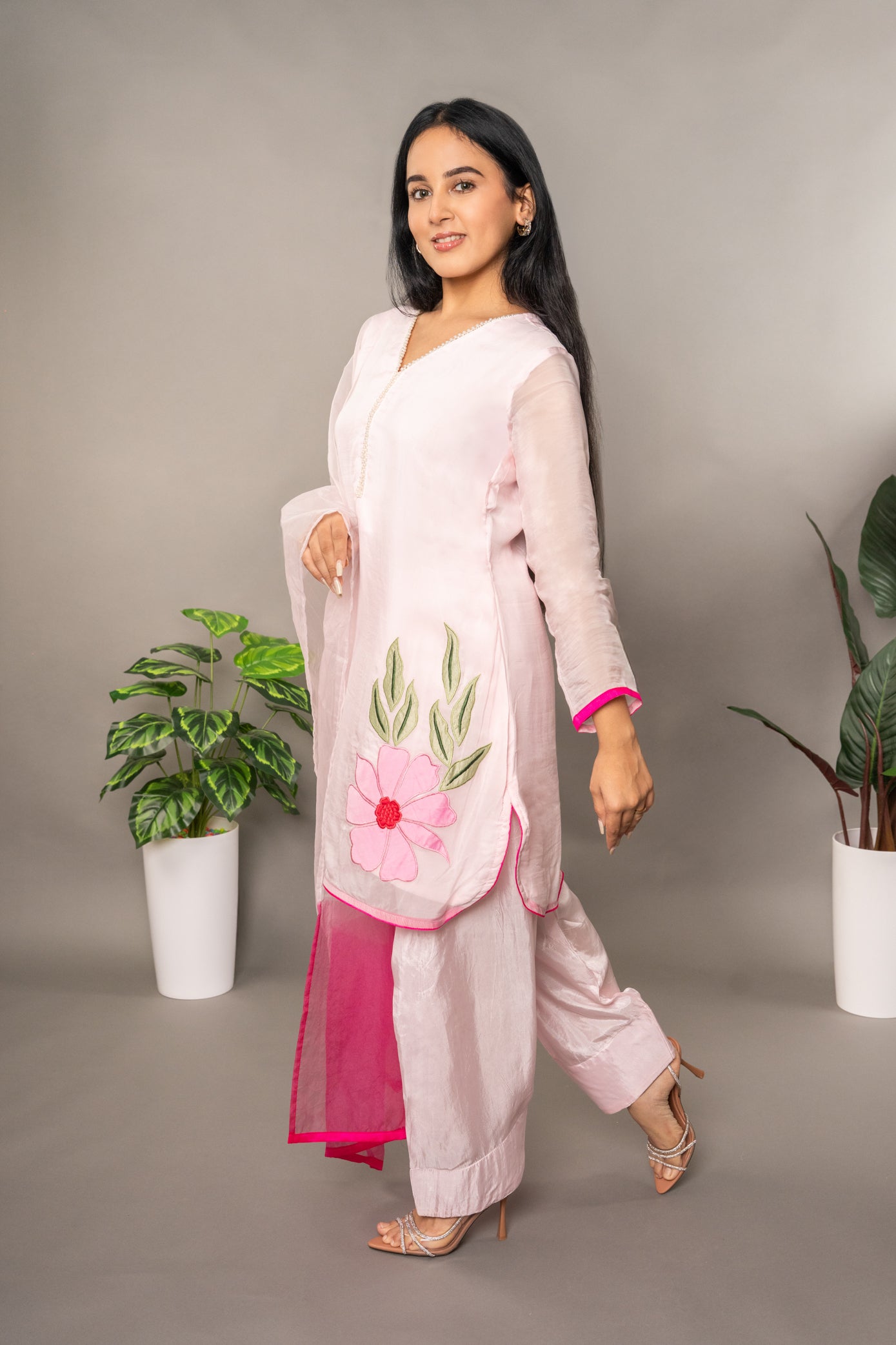Pink Pure Organza Farshi Salwar with Shaded Dupatta