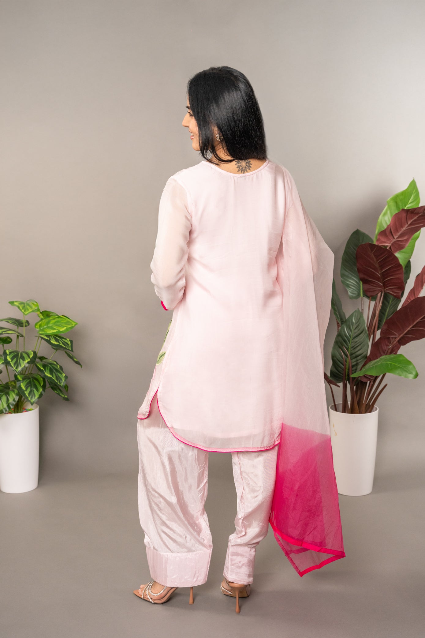 Pink Pure Organza Farshi Salwar with Shaded Dupatta