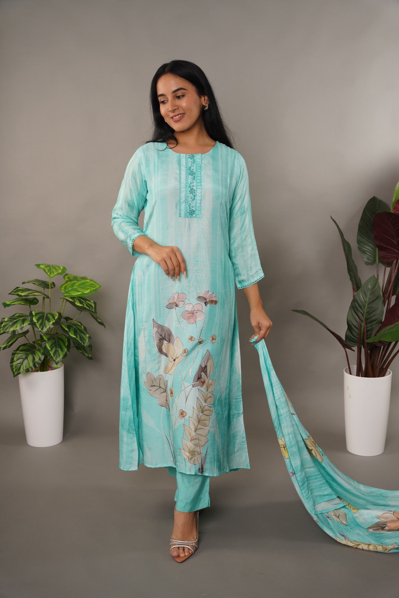 Aqua Blue Muslin Suit with Pastel Digital Print