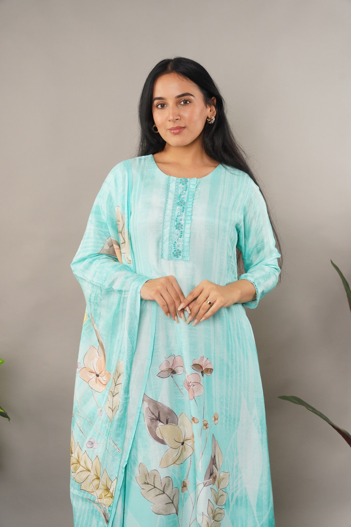 Aqua Blue Muslin Suit with Pastel Digital Print