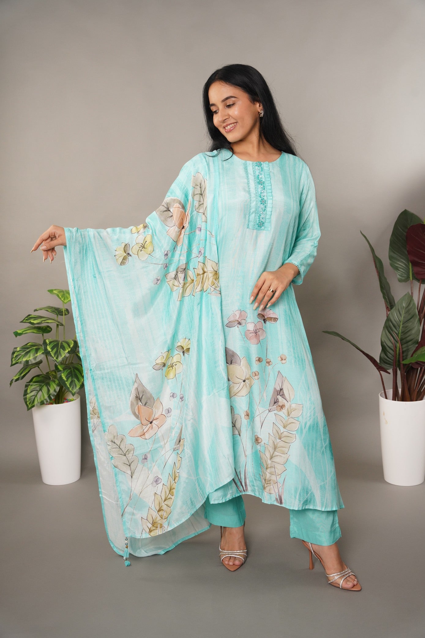 Aqua Blue Muslin Suit with Pastel Digital Print