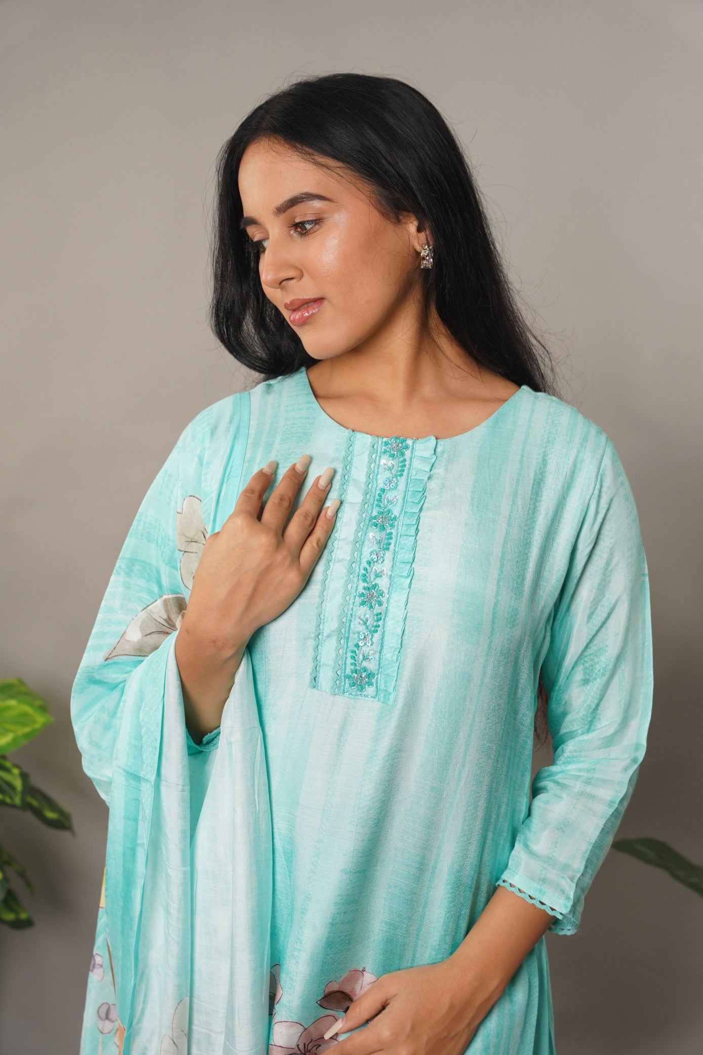 Aqua Blue Muslin Suit with Pastel Digital Print