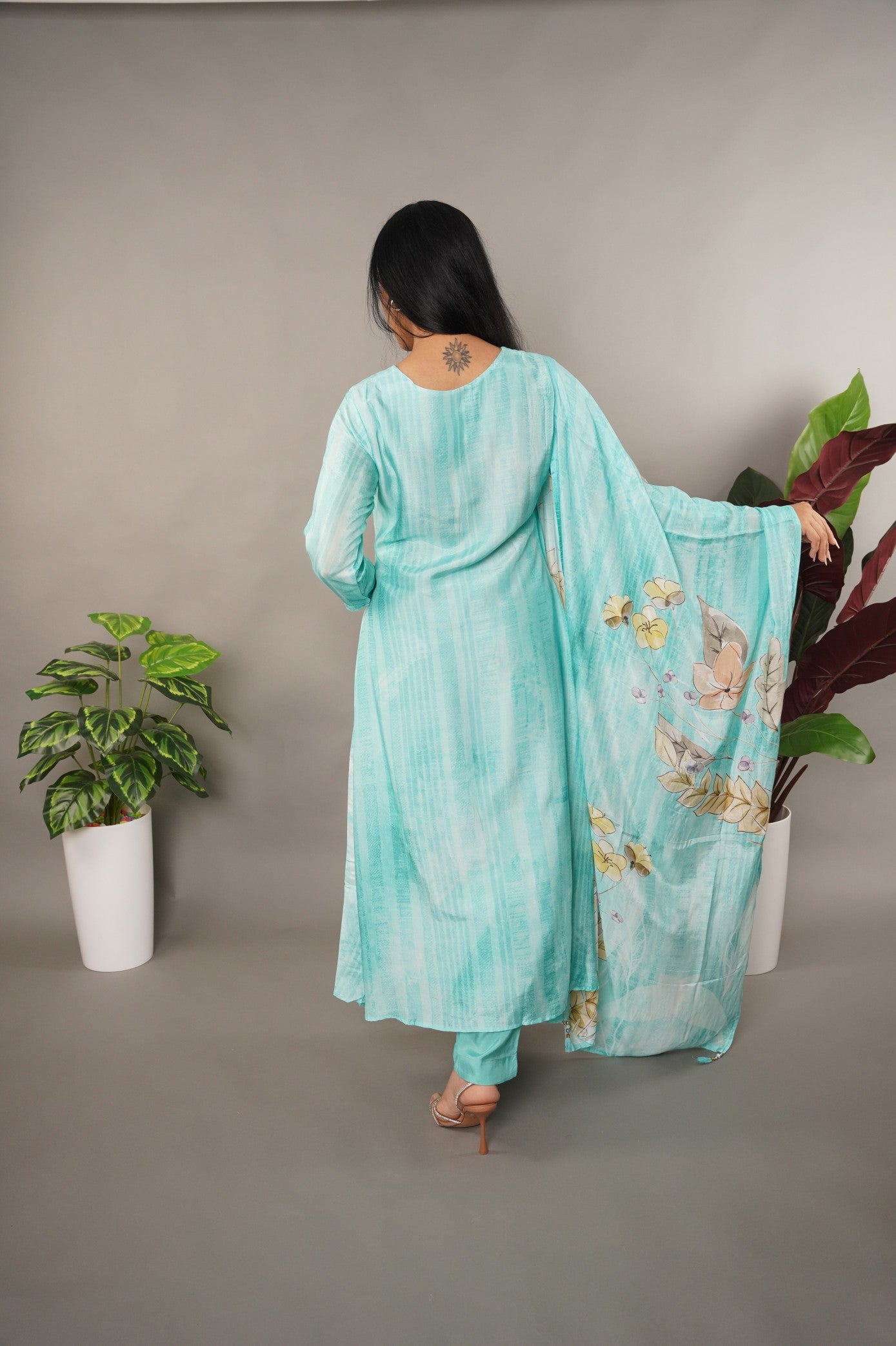 Aqua Blue Muslin Suit with Pastel Digital Print