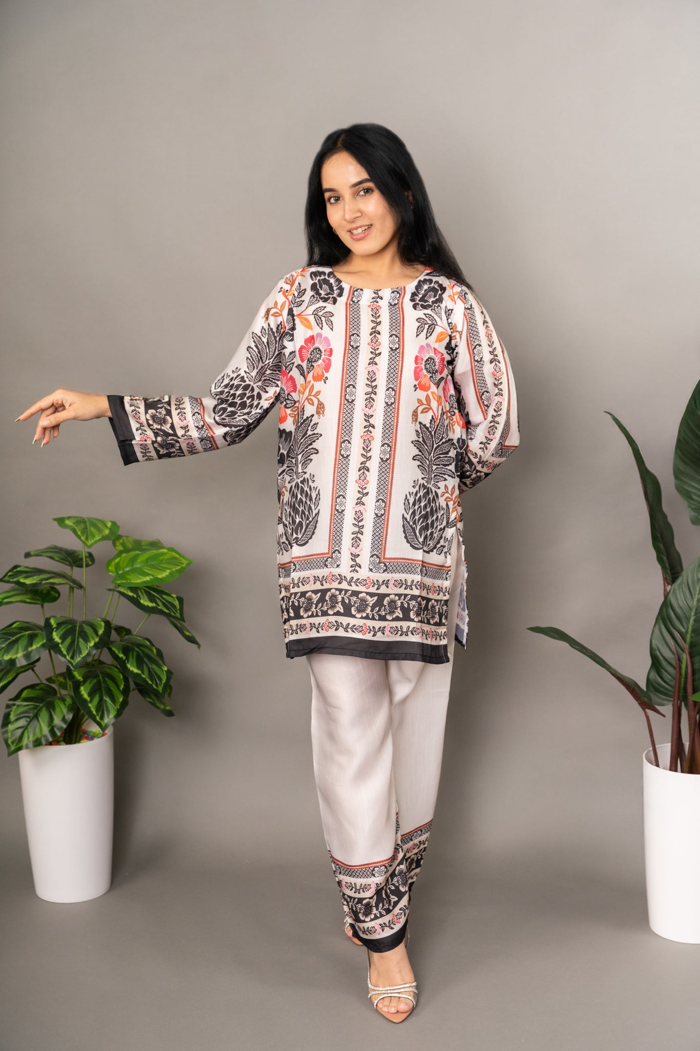 Beige Digital Print Premium Silk Co-Ord Set