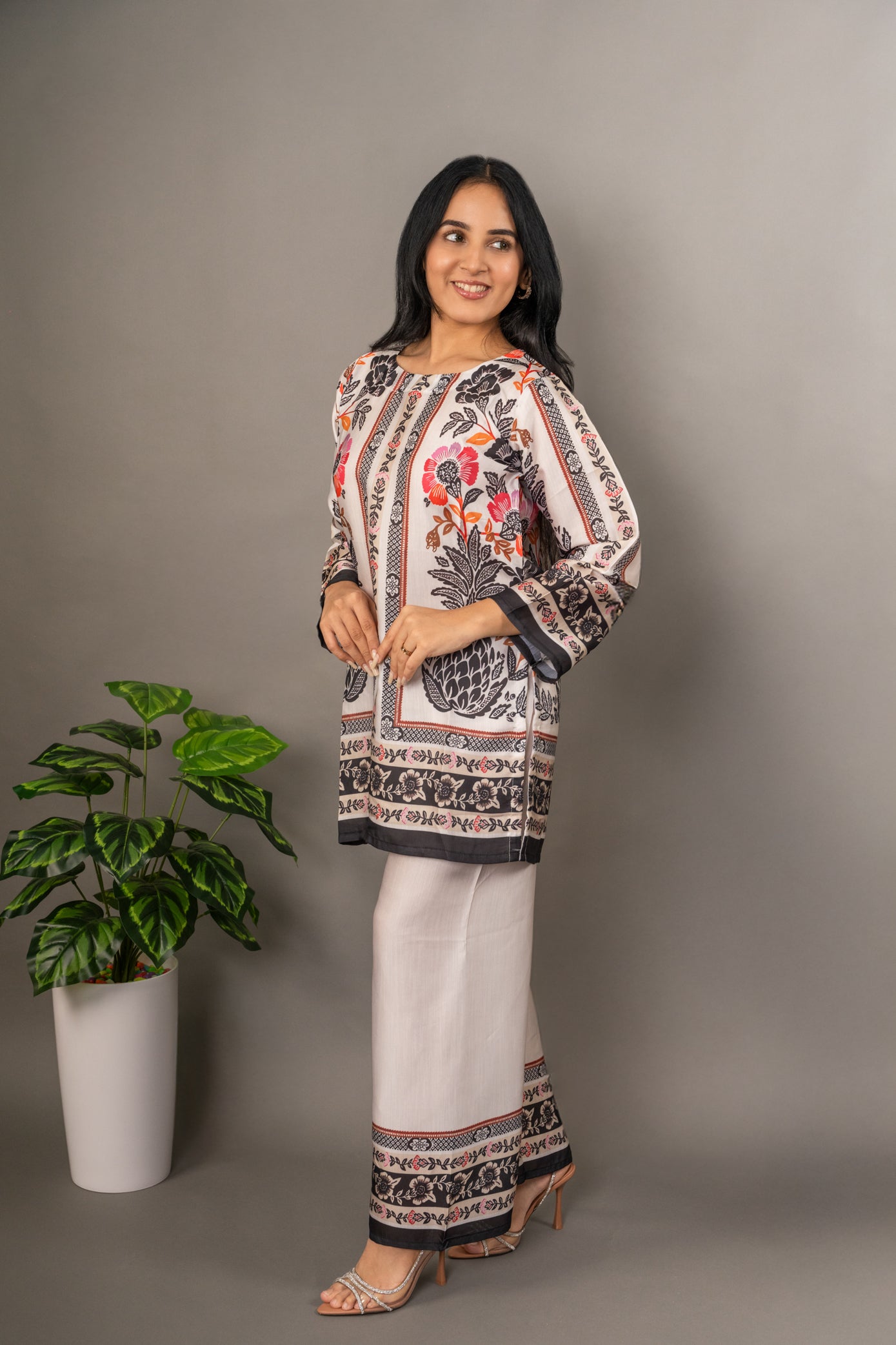 Beige Digital Print Premium Silk Co-Ord Set