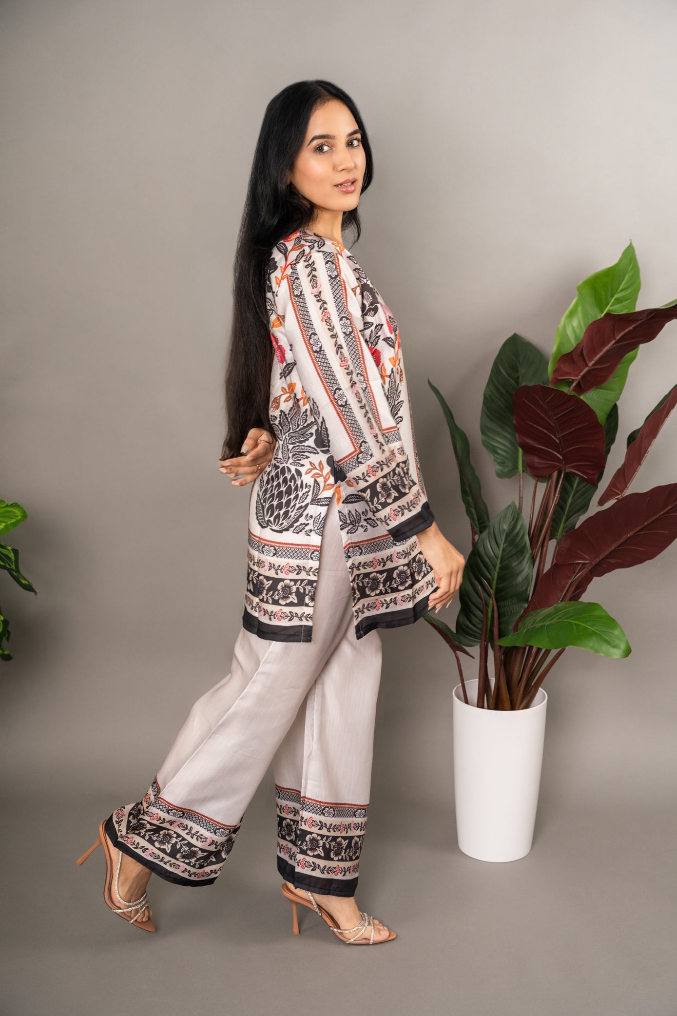 Beige Digital Print Premium Silk Co-Ord Set