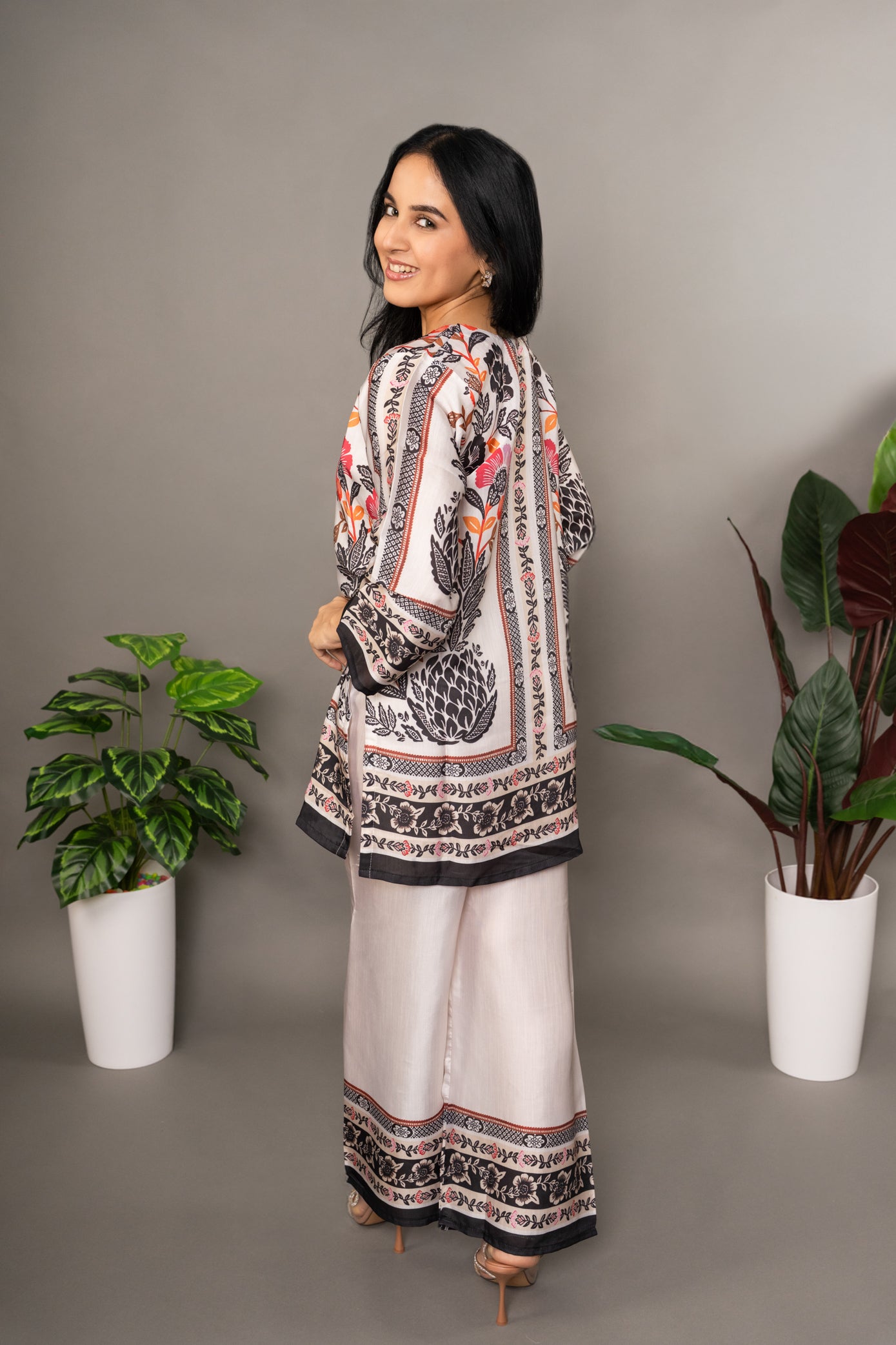 Beige Digital Print Premium Silk Co-Ord Set